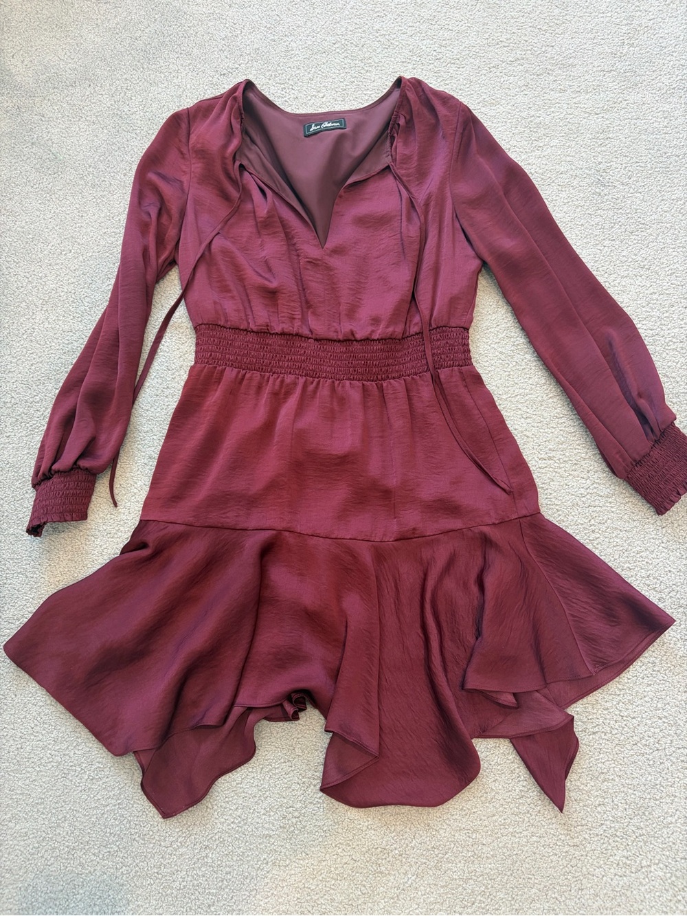 Sam Edelman Burgundy Long-Sleeve Smocked Waist Ruffle Dress